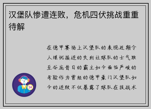 汉堡队惨遭连败，危机四伏挑战重重待解
